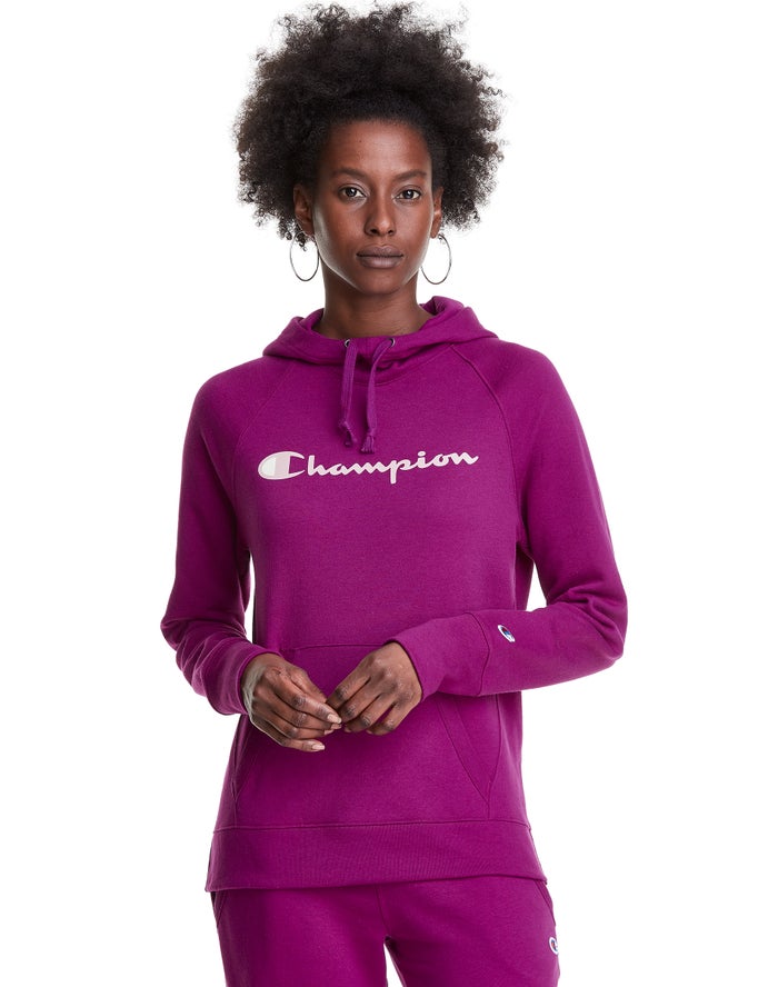 Champion Powerblend Fleece Script Logo Kadın Kapşonlu Sweatshirt Mor ( LNYDWU984 )